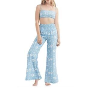 Hermoza Women's Nora India Wide Leg Cover Up Pants In Sea Blue White Sand Dollar